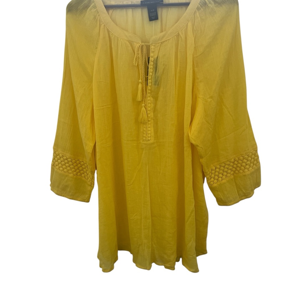 Lane Bryant Yellow Cotton Gauze Peasant Blouse 26/28 Plus Size Boho Tie Neck NWT